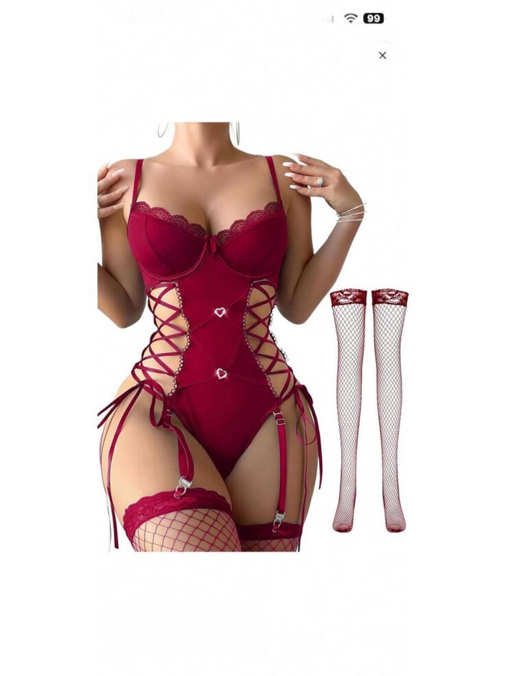 Women's Burgundy Lace-Up Lingerie Bodysuit with Fishnet Stockings